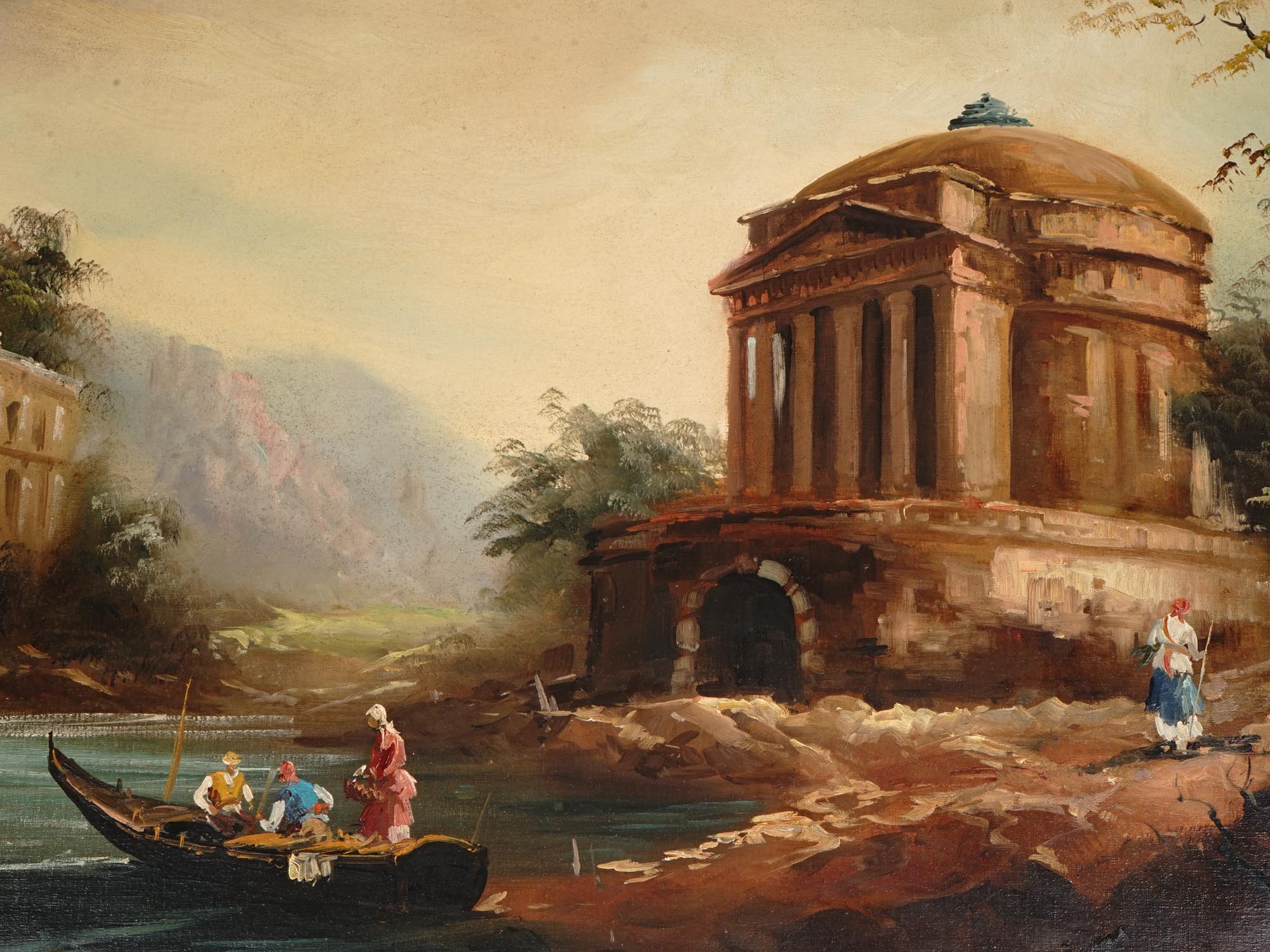 OIL PAINTING ITALIAN LANDSCAPE WITH RUINS SIGNED PIC-1